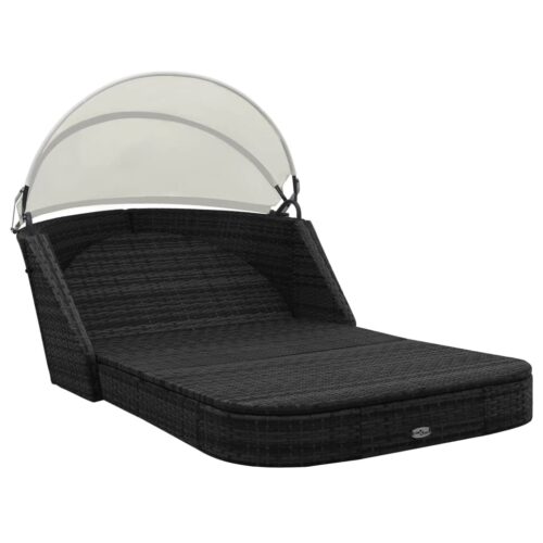 Sun Lounger with Canopy Poly Rattan Black - Image 4