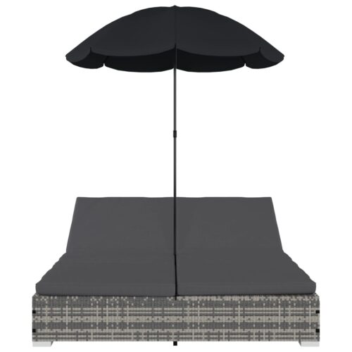Outdoor Lounge Bed with Umbrella Poly Rattan Grey - Image 3