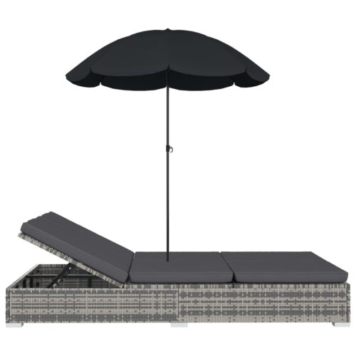 Outdoor Lounge Bed with Umbrella Poly Rattan Grey - Image 4