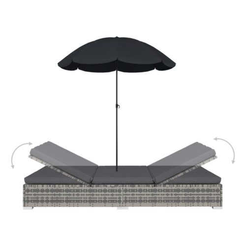 Outdoor Lounge Bed with Umbrella Poly Rattan Grey - Image 5