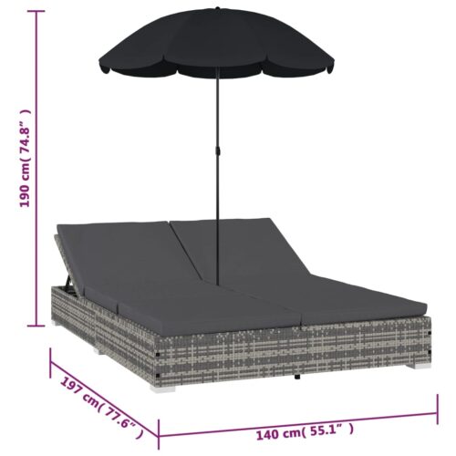 Outdoor Lounge Bed with Umbrella Poly Rattan Grey - Image 9