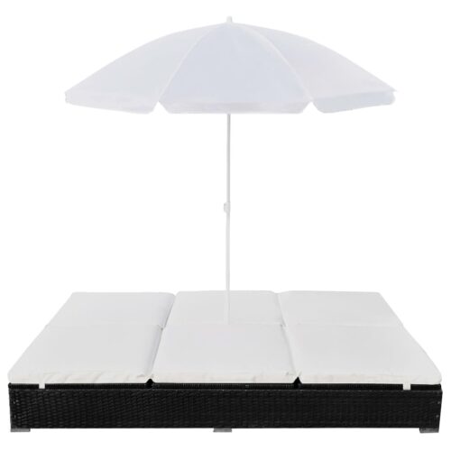 Outdoor Lounge Bed with Garden Umbrella Wicker Rattan Patio Daybed Sun Lounger - Image 3
