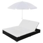 Outdoor Lounge Bed with Garden Umbrella Wicker Rattan Patio Daybed Sun Lounger
