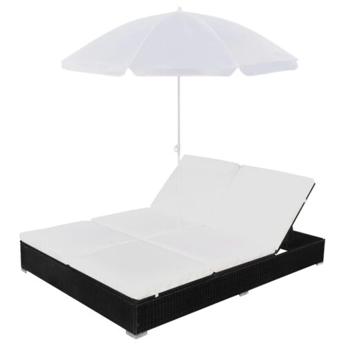Outdoor Lounge Bed with Garden Umbrella Wicker Rattan Patio Daybed Sun Lounger