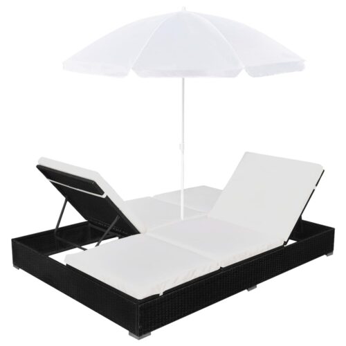 Outdoor Lounge Bed with Garden Umbrella Wicker Rattan Patio Daybed Sun Lounger - Image 6