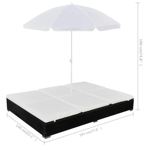 Outdoor Lounge Bed with Garden Umbrella Wicker Rattan Patio Daybed Sun Lounger - Image 2