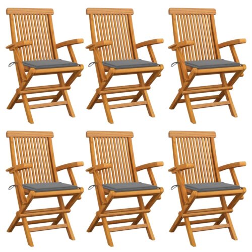 Garden Chairs with Grey Cushions 6pcs Solid Teak Wood