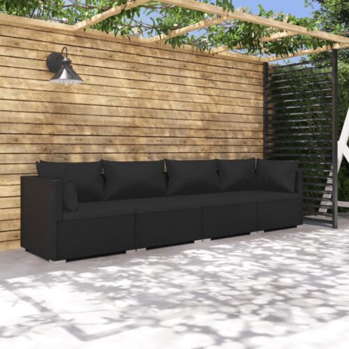 4-Piece Garden Lounge Set with Cushions Poly Rattan Wicker Outdoor Patio Furniture Black - Image 2