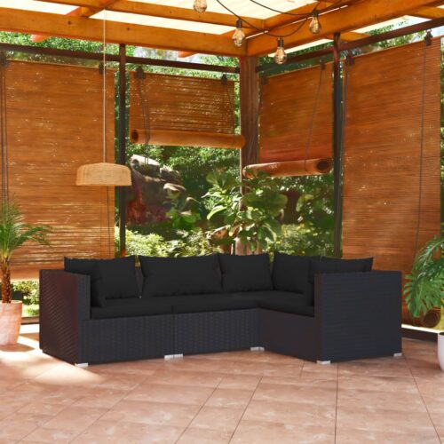 4-Piece Garden Lounge Set with Cushions Poly Rattan Wicker Outdoor Patio Furniture Black - Image 2