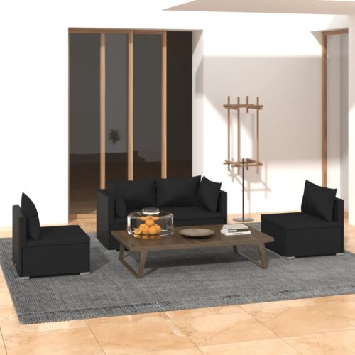 4-Piece Garden Lounge Set with Cushions Poly Rattan Wicker Outdoor Patio Furniture Black - Image 2