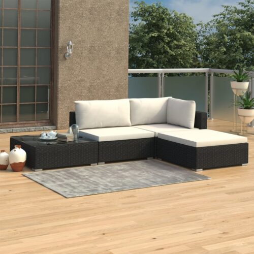 4-Piece Garden Lounge Set with Cushions Poly Rattan Wicker Outdoor Patio Furniture Black - Image 2