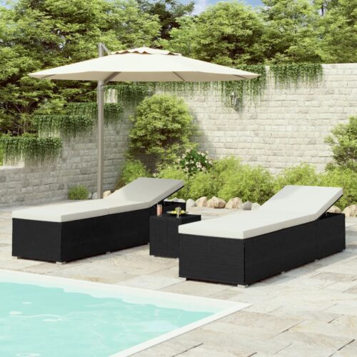 3-Piece Garden Sun Loungers with Tea Table Poly Rattan Black - Image 12