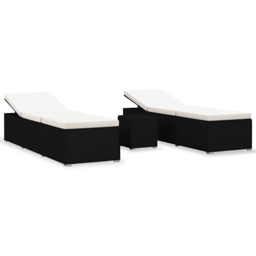 3-Piece Garden Sun Loungers with Tea Table Poly Rattan Black