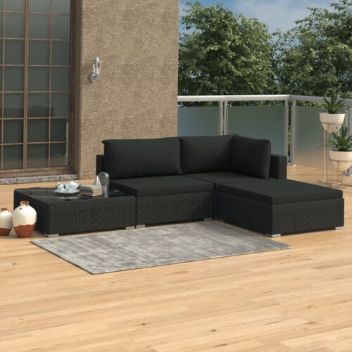 4-Piece Garden Lounge Set with Cushions Poly Rattan Wicker Outdoor Patio Furniture Black - Image 2