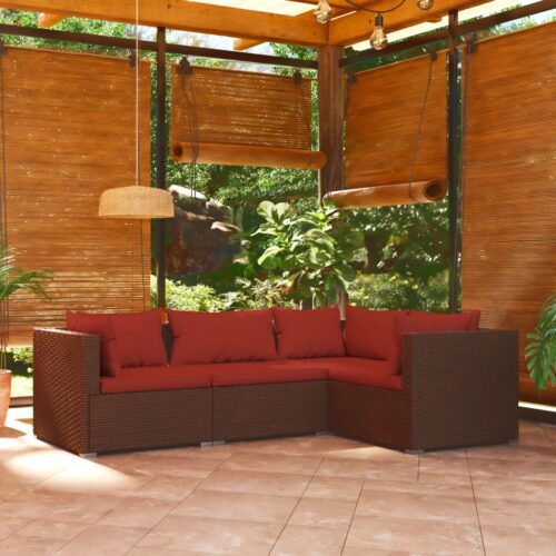 4-Piece Garden Lounge Set with Cushions Poly Rattan Wicker Outdoor Patio Furniture Brown - Image 2