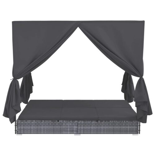 Outdoor Lounge Bed with Curtains Poly Rattan Grey - Image 2