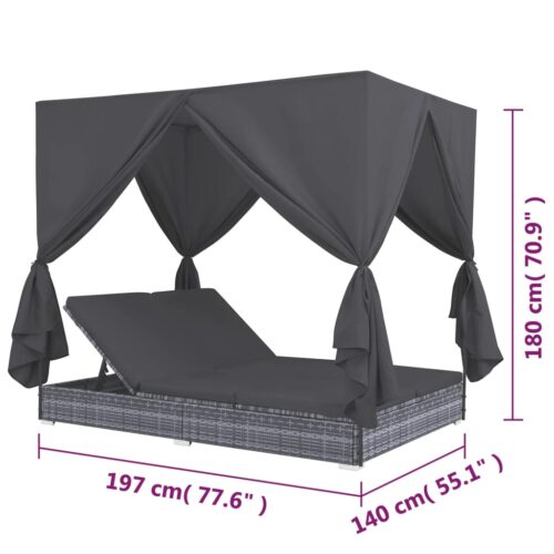 Outdoor Lounge Bed with Curtains Poly Rattan Grey - Image 7