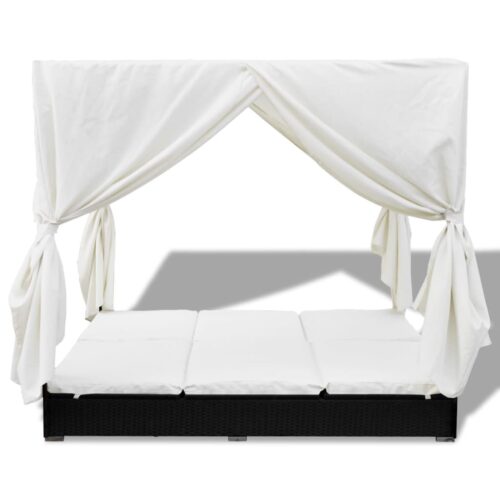 Outdoor Lounge Bed with Curtains Poly Rattan Black - Image 3
