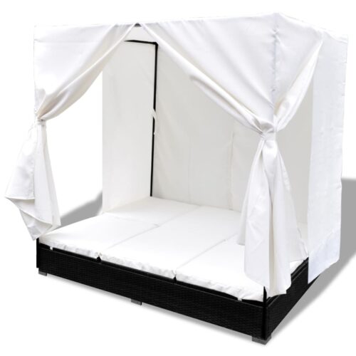 Outdoor Lounge Bed with Curtains Poly Rattan Black - Image 4