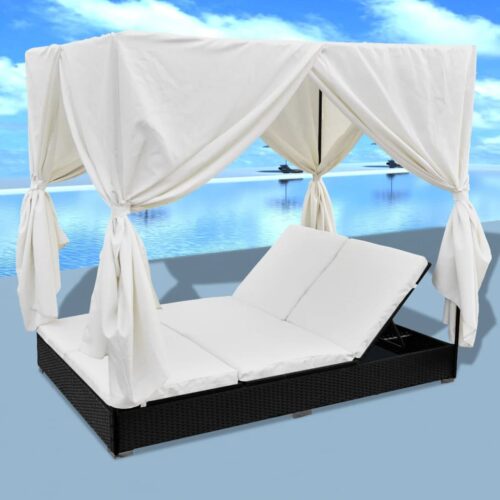 Outdoor Lounge Bed with Curtains Poly Rattan Black - Image 5