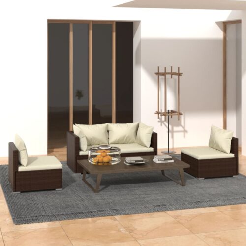 4-Piece Garden Lounge Set with Cushions Poly Rattan Wicker Outdoor Patio Furniture Brown - Image 2