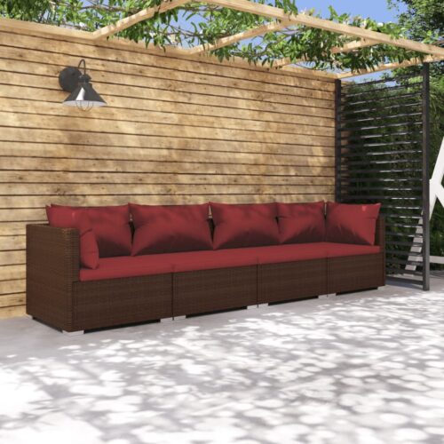 4-Piece Garden Lounge Set with Cushions Poly Rattan Wicker Outdoor Patio Furniture Brown - Image 2