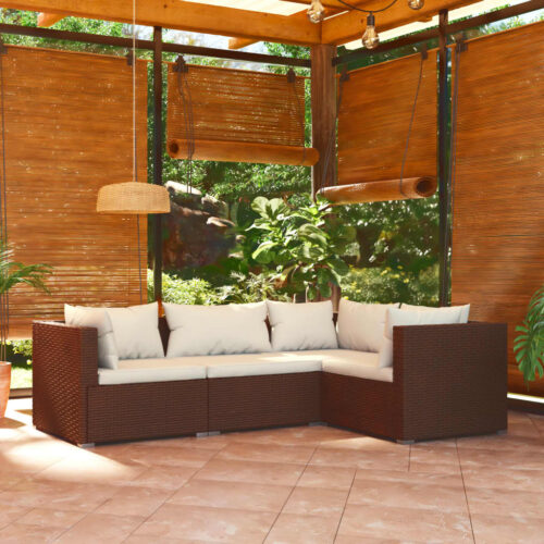 4-Piece Garden Lounge Set with Cushions Poly Rattan Wicker Outdoor Patio Furniture Brown - Image 2