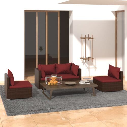 4-Piece Garden Lounge Set with Cushions Poly Rattan Wicker Outdoor Patio Furniture Brown - Image 2