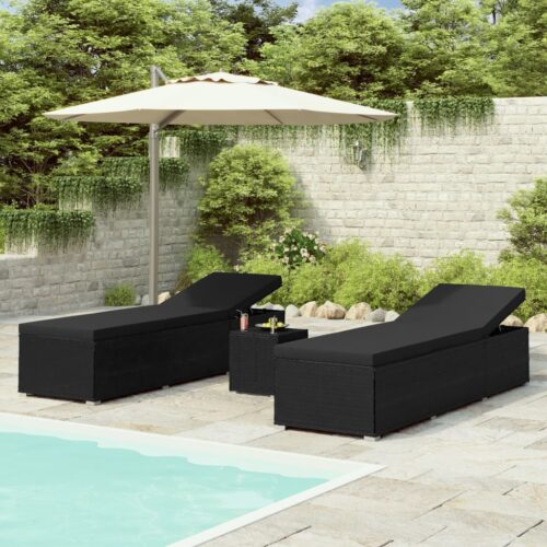 3-Piece Garden Sun Loungers with Tea Table Poly Rattan Black - Image 12