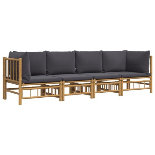 4-Piece Garden Lounge Set with Dark Grey Cushions Bamboo - Image 3