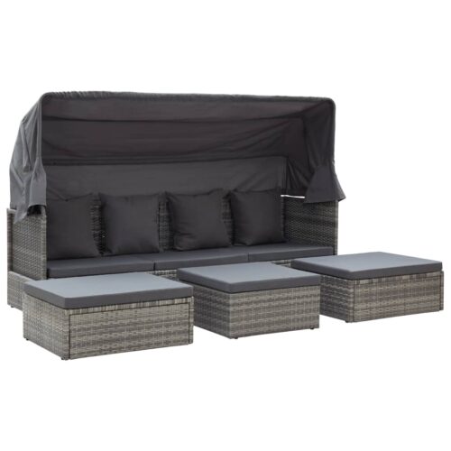 Garden Lounge Bed with Roof Mixed Grey Poly Rattan - Image 2