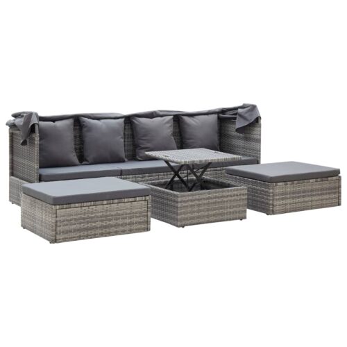 Garden Lounge Bed with Roof Mixed Grey Poly Rattan - Image 5