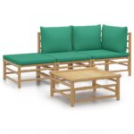 4-Piece Garden Lounge Set with Green Cushions Bamboo