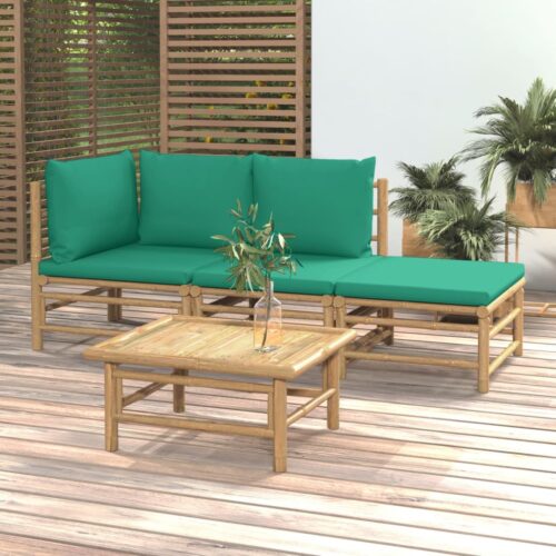 4-Piece Garden Lounge Set with Green Cushions Bamboo - Image 2
