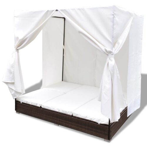 Outdoor Lounge Bed with Curtains Poly Rattan Brown - Image 4