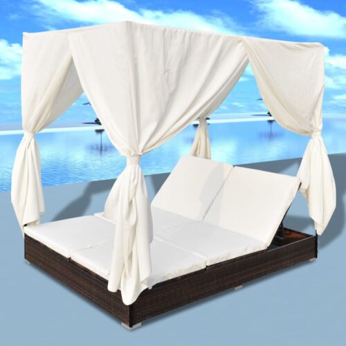 Outdoor Lounge Bed with Curtains Poly Rattan Brown - Image 5