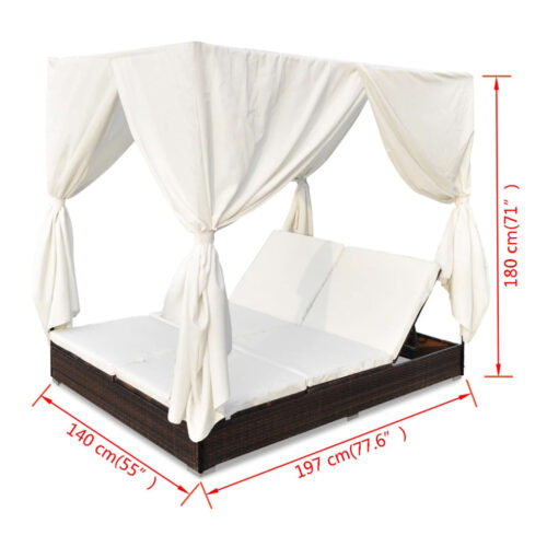 Outdoor Lounge Bed with Curtains Poly Rattan Brown - Image 11