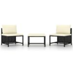 3-Piece Garden Sofa Set with Cushions Black Poly Rattan