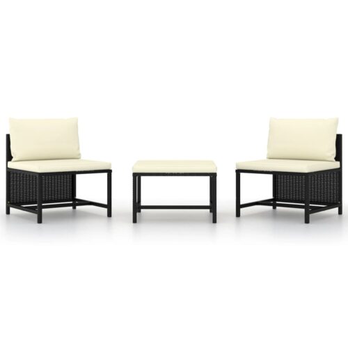 3-Piece Garden Sofa Set with Cushions Black Poly Rattan
