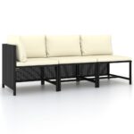 3-Piece Garden Sofa Set with Cushions Black Poly Rattan