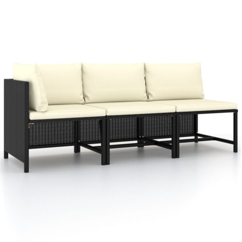3-Piece Garden Sofa Set with Cushions Black Poly Rattan