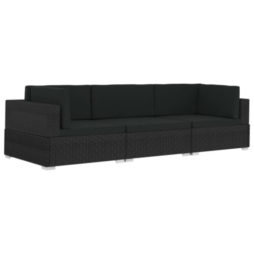 3-Piece Garden Sofa Set with Cushions Poly Rattan Wicker Outdoor Patio Furniture Black