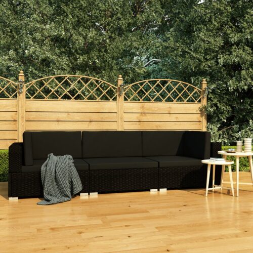 3-Piece Garden Sofa Set with Cushions Poly Rattan Wicker Outdoor Patio Furniture Black - Image 2