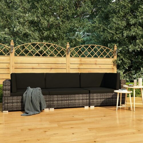 3-Piece Garden Sofa Set with Cushions Poly Rattan Wicker Outdoor Patio Furniture Grey - Image 2