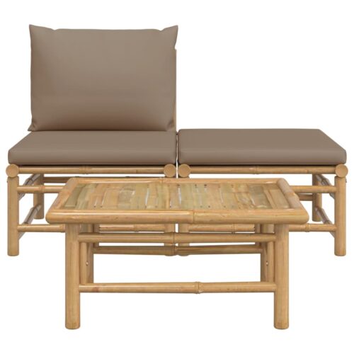 3-Piece Garden Lounge Set with Taupe Cushions Bamboo - Image 3