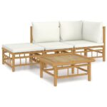 4-Piece Garden Lounge Set with Cream White Cushions Bamboo