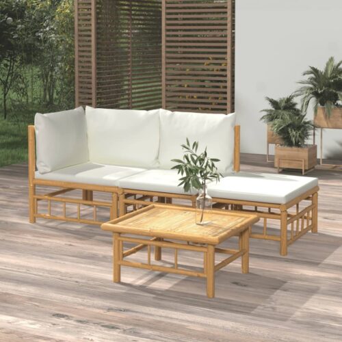 4-Piece Garden Lounge Set with Cream White Cushions Bamboo - Image 2