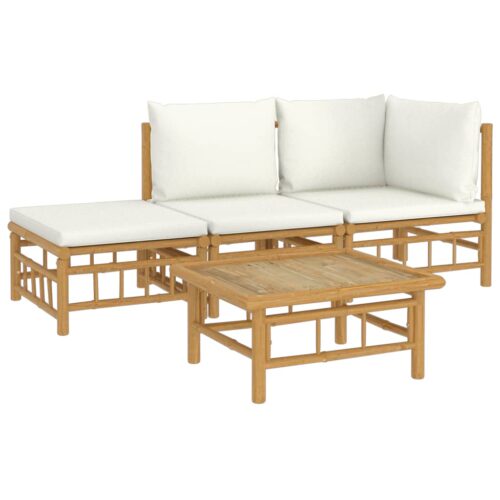 4-Piece Garden Lounge Set with Cream White Cushions Bamboo - Image 3