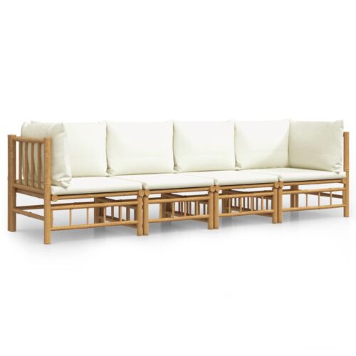 4-Piece Garden Lounge Set with Cream White Cushions Bamboo