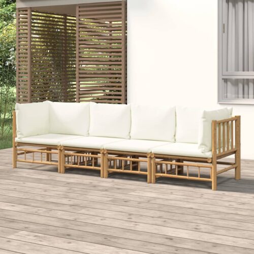 4-Piece Garden Lounge Set with Cream White Cushions Bamboo - Image 2